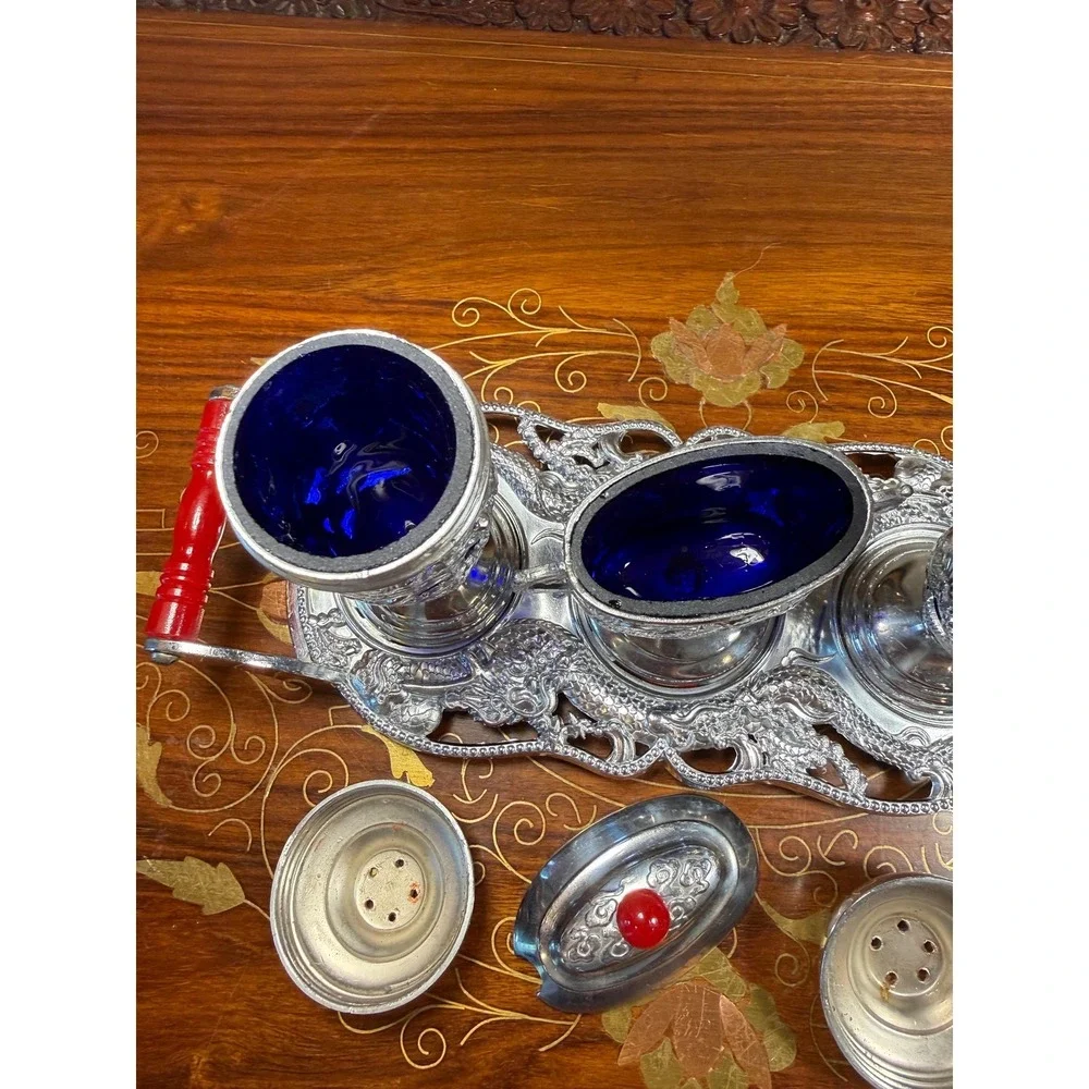 Vintage Japanese Condiment Set • Silver Plate Dragon Motif with Cobalt Glass